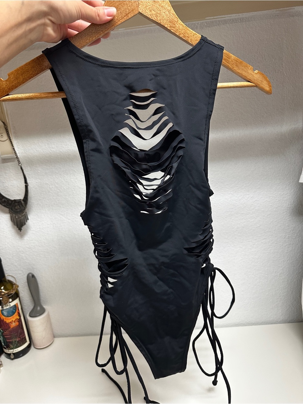 Black Cutout Lace-Up Women's Tank Bodysuit